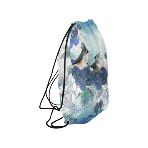 Cute birds with blue flowers Small Drawstring Bag Model 1604 (Twin Sides) 11"(W) * 17.7"(H)