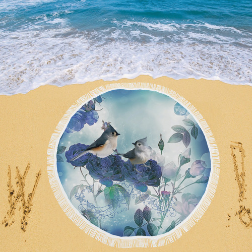 Cute birds with blue flowers Circular Beach Shawl 59"x 59"