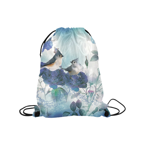 Cute birds with blue flowers Medium Drawstring Bag Model 1604 (Twin Sides) 13.8"(W) * 18.1"(H)