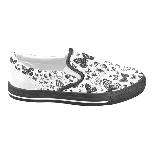 Black & White Skullss & Butterflies Women's Unusual Slip-on Canvas Shoes (Model 019)