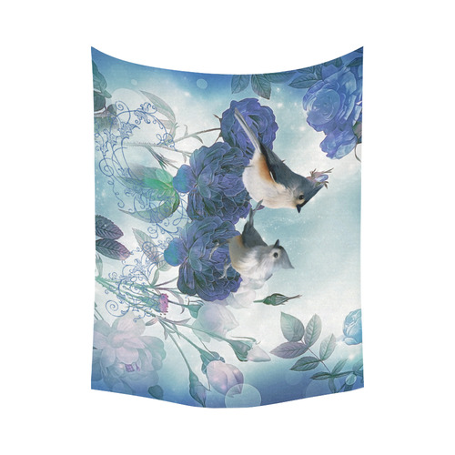 Cute birds with blue flowers Cotton Linen Wall Tapestry 80"x 60"