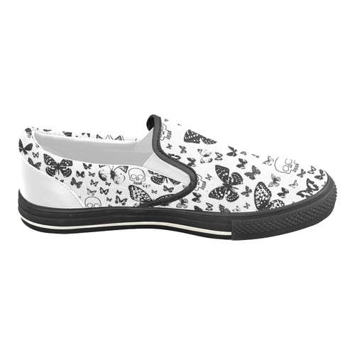 Black & White Skullss & Butterflies Women's Unusual Slip-on Canvas Shoes (Model 019)