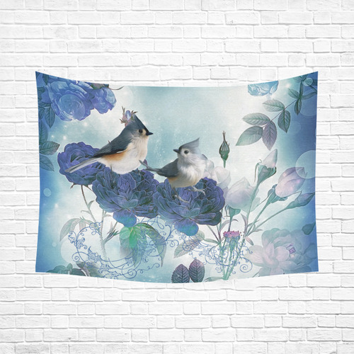 Cute birds with blue flowers Cotton Linen Wall Tapestry 80"x 60"