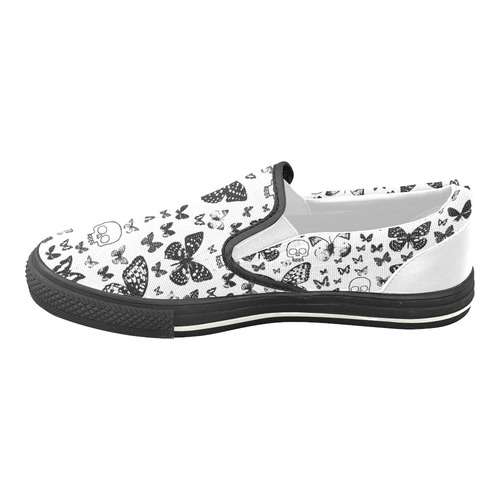 Black & White Skullss & Butterflies Women's Unusual Slip-on Canvas Shoes (Model 019)