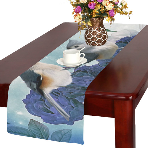 Cute birds with blue flowers Table Runner 14x72 inch