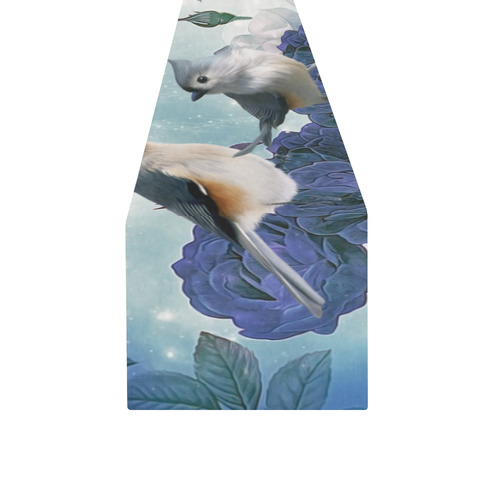 Cute birds with blue flowers Table Runner 14x72 inch
