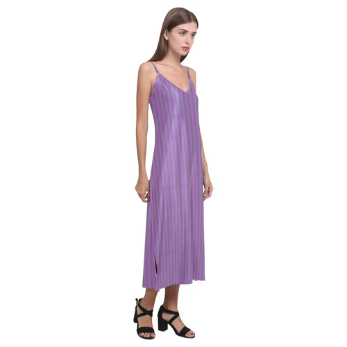 Purple Stripes V-Neck Open Fork Long Dress(Model D18)