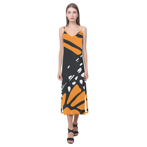 Monarch, Black and Orange V-Neck Open Fork Long Dress(Model D18)