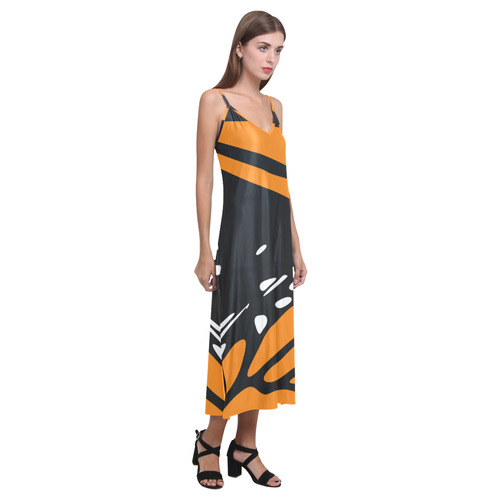 Monarch, Black and Orange V-Neck Open Fork Long Dress(Model D18)