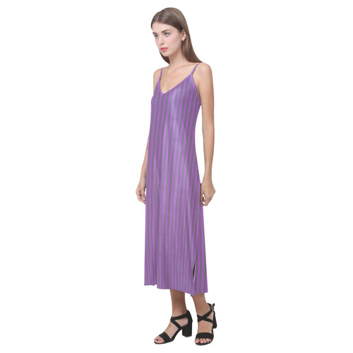 Purple Stripes V-Neck Open Fork Long Dress(Model D18)