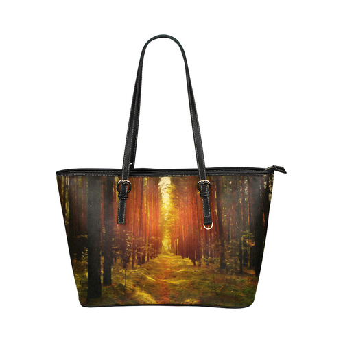 Light in the Forest Modern Landscape Leather Tote Bag/Small (Model 1651)