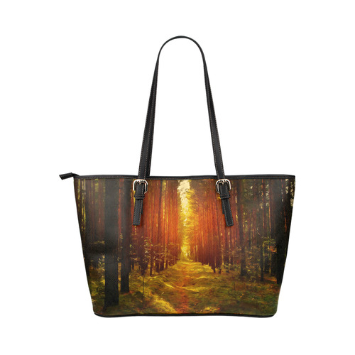 Light in the Forest Modern Landscape Leather Tote Bag/Small (Model 1651)