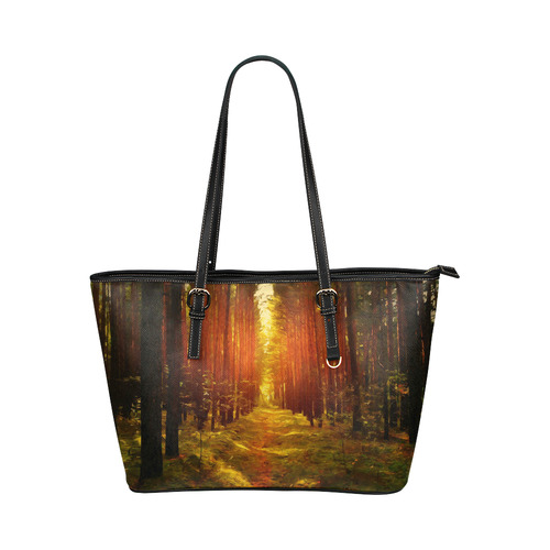 Light in the Forest Modern Landscape Leather Tote Bag/Large (Model 1651)