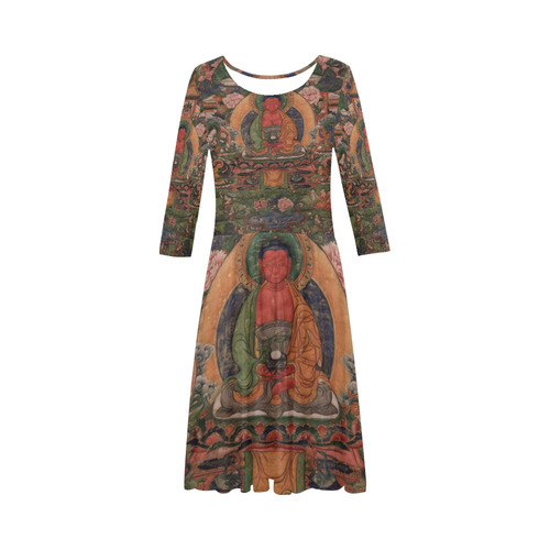 Buddha Amitabha in His Pure Land of Suvakti Elbow Sleeve Ice Skater Dress (D20)