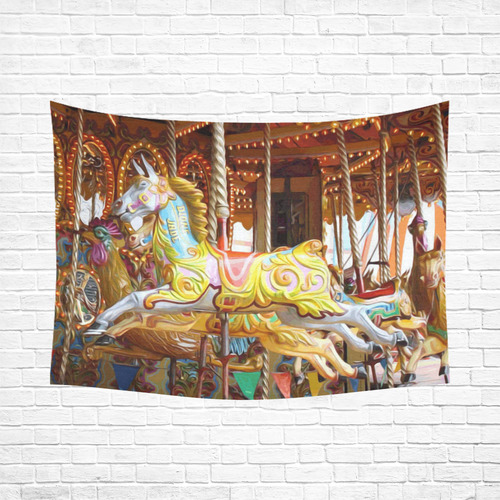 Colorful Carousel Horses Merry Go Round Cotton Linen Wall Tapestry 80"x 60"