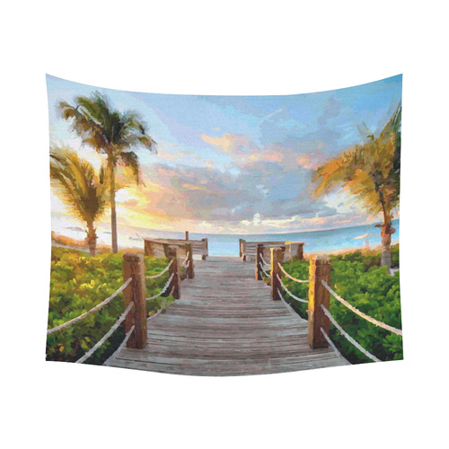 Sunset Landscape with Palm Trees Cotton Linen Wall Tapestry 60"x 51"