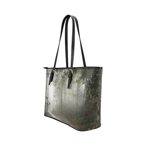 Landscape Forest Path in Foggy Mist Leather Tote Bag/Small (Model 1651)