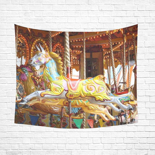 Colorful Carousel Horses Merry Go Round Cotton Linen Wall Tapestry 60"x 51"