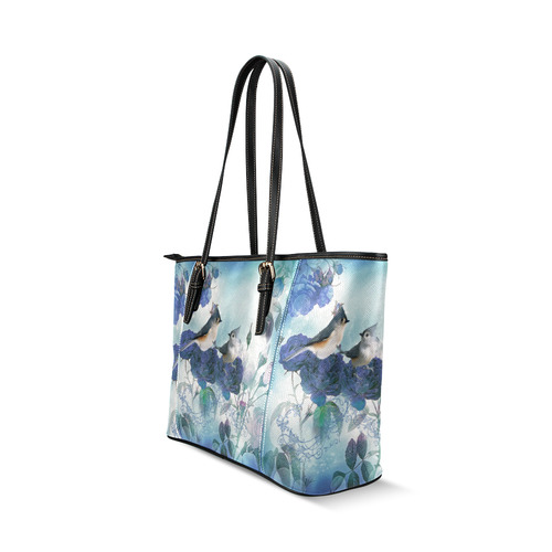 Cute birds with blue flowers Leather Tote Bag/Large (Model 1640)