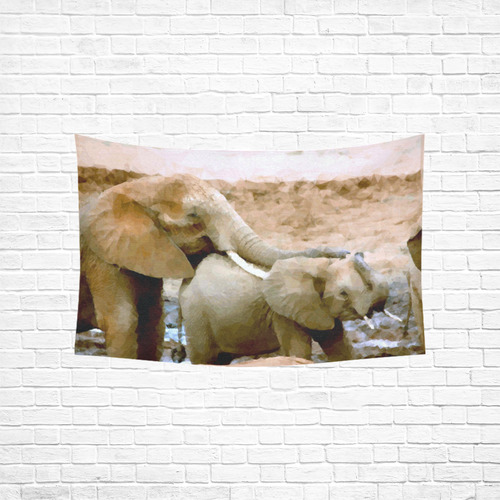 Geometric Effect Mother and Baby Elephant Cotton Linen Wall Tapestry 60"x 40"
