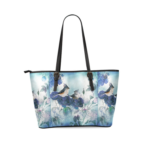 Cute birds with blue flowers Leather Tote Bag/Large (Model 1640)