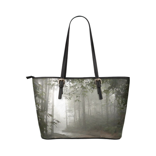Landscape Forest Path in Foggy Mist Leather Tote Bag/Small (Model 1651)