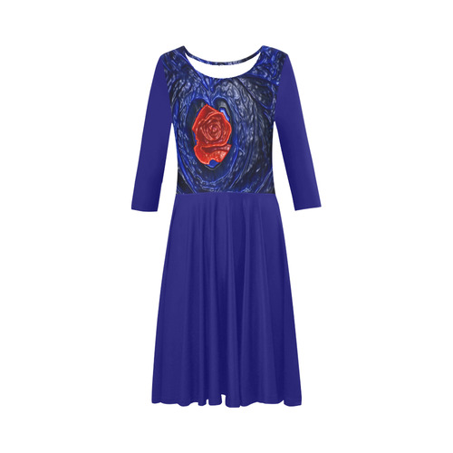 Blue fractal heart with red rose in plastic style Elbow Sleeve Ice Skater Dress (D20)