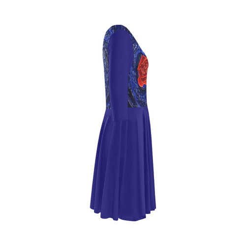 Blue fractal heart with red rose in plastic style Elbow Sleeve Ice Skater Dress (D20)
