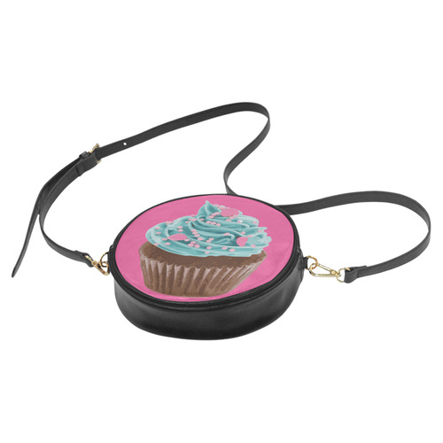 Blue Cupcake, Pink Sprinkles, Chocolate Brown, on Pink Round Sling Bag (Model 1647)