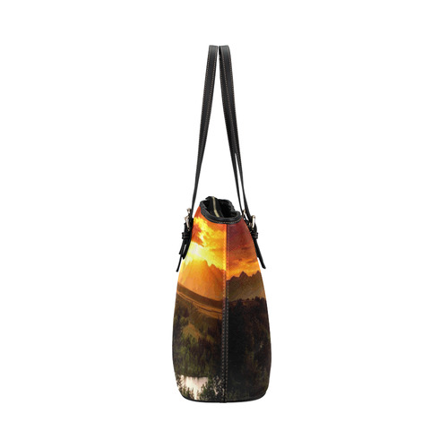 Sunset Mountain Forest Landscape Leather Tote Bag/Small (Model 1651)