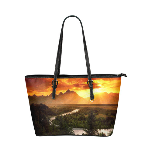 Sunset Mountain Forest Landscape Leather Tote Bag/Small (Model 1651)