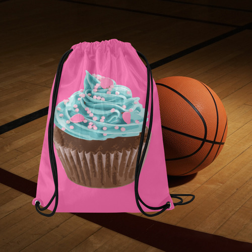 Blue Cupcake, Pink Sprinkles, Chocolate Brown, on Pink Medium Drawstring Bag Model 1604 (Twin Sides) 13.8"(W) * 18.1"(H)