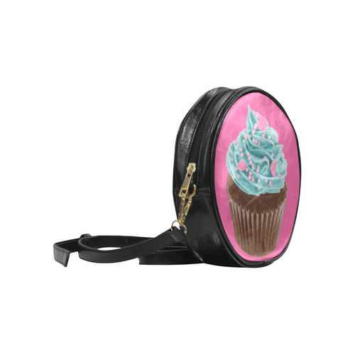 Blue Cupcake, Pink Sprinkles, Chocolate Brown, on Pink Round Sling Bag (Model 1647)