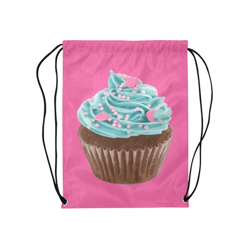 Blue Cupcake, Pink Sprinkles, Chocolate Brown, on Pink Medium Drawstring Bag Model 1604 (Twin Sides) 13.8"(W) * 18.1"(H)