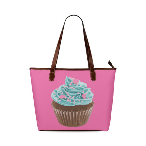 Blue Cupcake, Pink Sprinkles, Chocolate Brown, on Pink Shoulder Tote Bag (Model 1646)