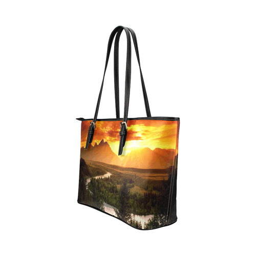 Sunset Mountain Forest Landscape Leather Tote Bag/Small (Model 1651)