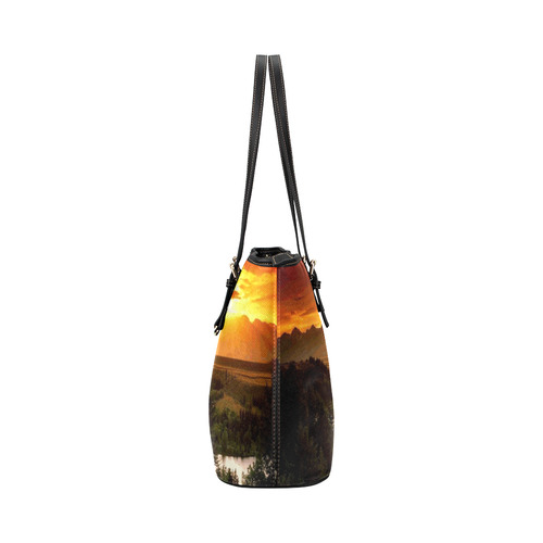 Sunset Mountain Forest Landscape Leather Tote Bag/Small (Model 1651)