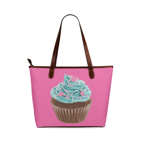 Blue Cupcake, Pink Sprinkles, Chocolate Brown, on Pink Shoulder Tote Bag (Model 1646)