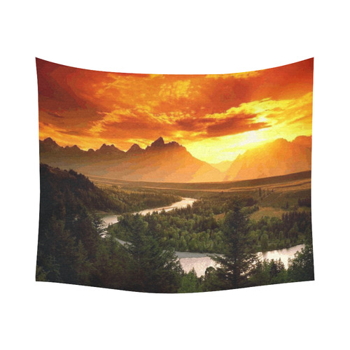 Sunset Mountain Forest Landscape Cotton Linen Wall Tapestry 60"x 51"