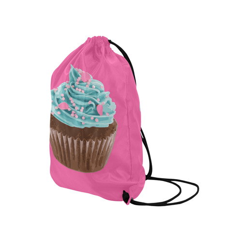 Blue Cupcake, Pink Sprinkles, Chocolate Brown, on Pink Medium Drawstring Bag Model 1604 (Twin Sides) 13.8"(W) * 18.1"(H)