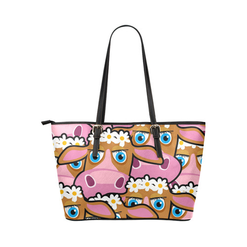 Funny Cartoon Cows White Daisies Leather Tote Bag/Large (Model 1651)