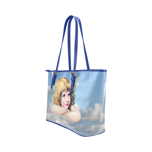 Vintage Angel Clouds Blue Sky Leather Tote Bag/Large (Model 1651)