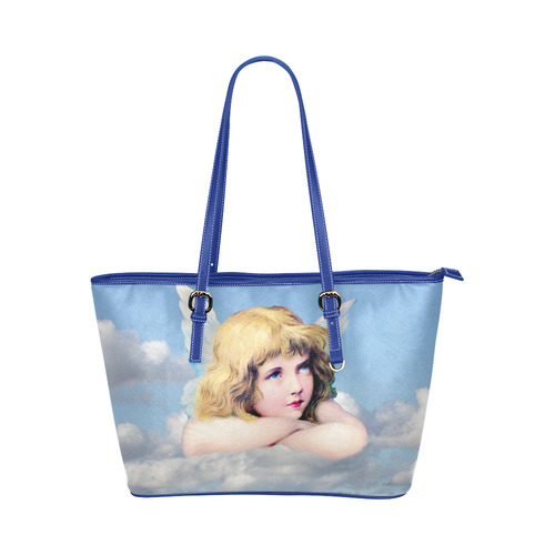 Vintage Angel Clouds Blue Sky Leather Tote Bag/Large (Model 1651)