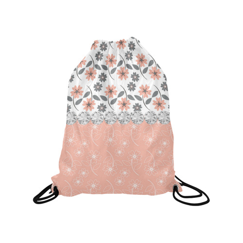 Grey Peach Flowers, Silver Gemstones, Sparkly Floral Pattern Medium Drawstring Bag Model 1604 (Twin Sides) 13.8"(W) * 18.1"(H)