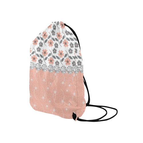 Grey Peach Flowers, Silver Gemstones, Sparkly Floral Pattern Medium Drawstring Bag Model 1604 (Twin Sides) 13.8"(W) * 18.1"(H)