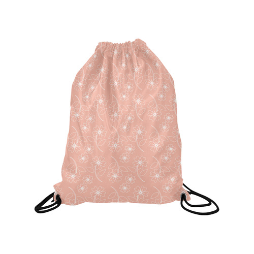 Peach Pink Flower White Outline Design, Floral Pattern Medium Drawstring Bag Model 1604 (Twin Sides) 13.8"(W) * 18.1"(H)