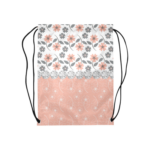 Grey Peach Flowers, Silver Gemstones, Sparkly Floral Pattern Medium Drawstring Bag Model 1604 (Twin Sides) 13.8"(W) * 18.1"(H)