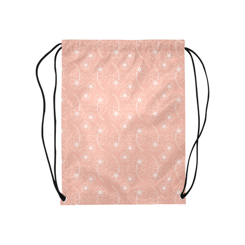 Peach Pink Flower White Outline Design, Floral Pattern Medium Drawstring Bag Model 1604 (Twin Sides) 13.8"(W) * 18.1"(H)