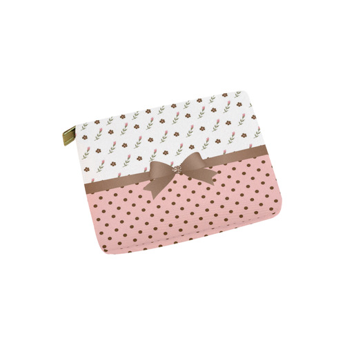 Brown Pink Flowers, Floral Pattern, Pink Brown Polka Dots, Brown Bow Carry-All Pouch 6''x5''