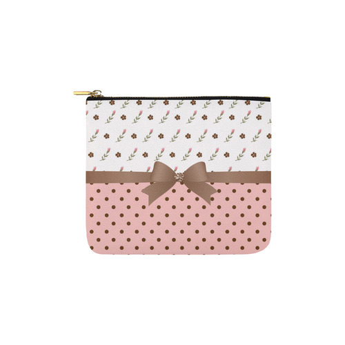 Brown Pink Flowers, Floral Pattern, Pink Brown Polka Dots, Brown Bow Carry-All Pouch 6''x5''